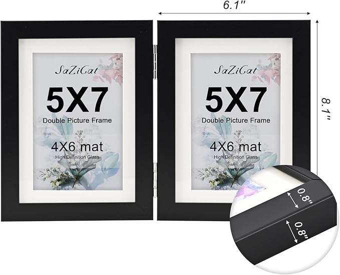 Double Hinged 5x7 Picture Frame with Tempered Glass-Tabletop or Wall Mounted, Display for 4x6 & 5x7 Photos (with/without Mat)-Classic Black, For Family Photos & Wedding Memories-H57X2