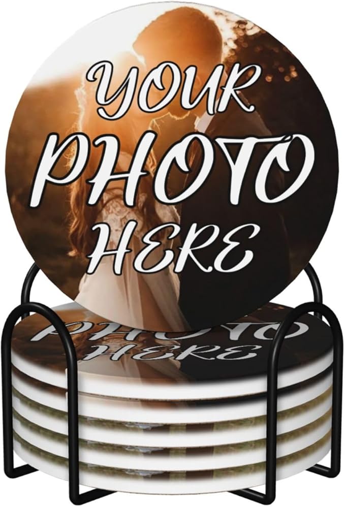 Custom Coasters, Personalized Ceramic Coasters with Photo Logo Text, Customized Cup Mat for Weddings, Bars, Coffee Table, Homes, Offices 6PCS