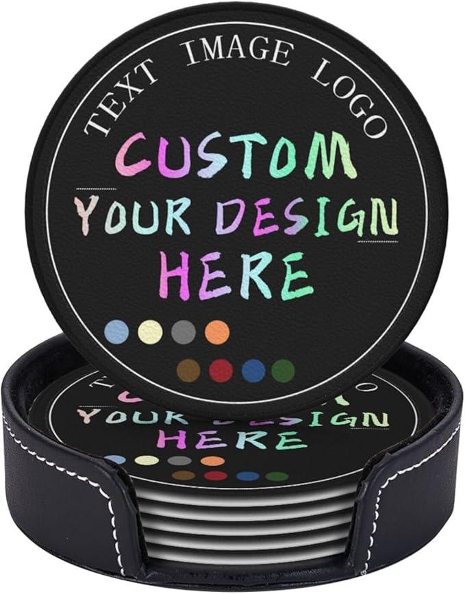 Custom PU Coasters with Logo, Customized Coasters, Personalized Leather Coaster, Custom Coaster Set of 6, Gift for Christmas/Valentine’s Day, Bar Accessories for Whiskey/Wine, Leather Gift