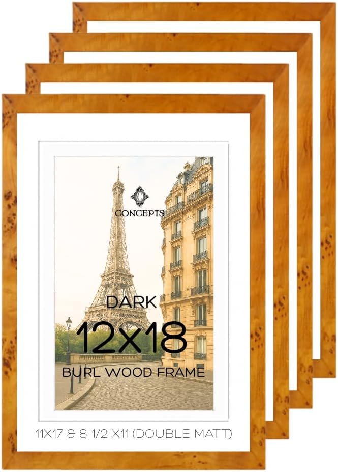 Concepts Set of 4 12X18 Burl Wood Picture Frames with Double Matted (11X17 & 8.5 X11), Dark Wood Finish, Eco-Friendly Packaging – Elegant Wallhung Decor for Family Photos