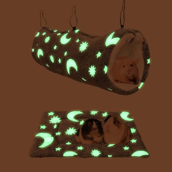 Luminous Noctilucent Glow Guinea Pig Rat Hammock Tunnel, Ferret Hanging Bunk Bed, Rat Ferret Guinea Pig Hideout and Soft Bed for Small Animals (4.Moon Tunnel and Mat)