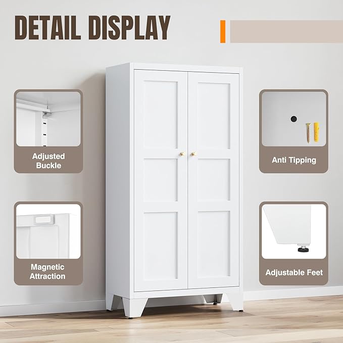 Yizosh Metal Storage Cabinet with Doors and 3 Adjustable Shelves - 47" White Kitchen Pantry Storage Cabinet Locker for Kitchen,Living Room,Dining Room