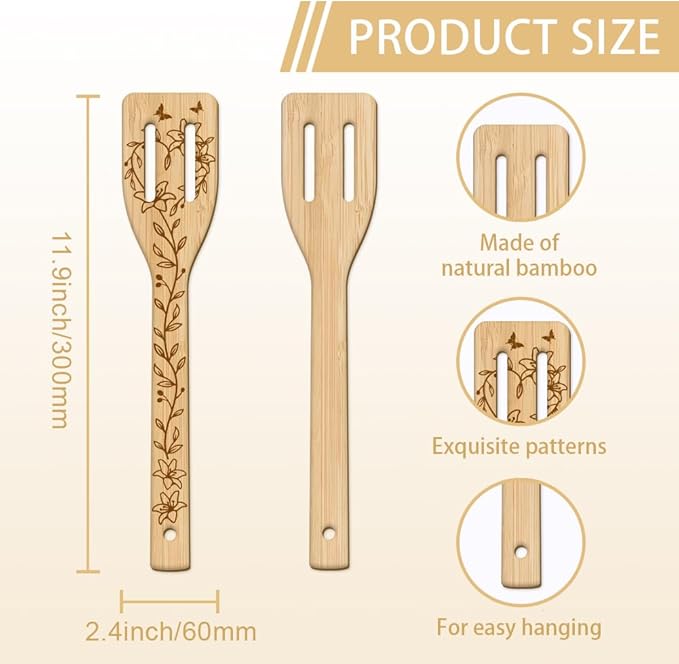 GLOBLELAND 6Pcs Leaves and Flowers Bamboo Cooking Utensils Lilies Roses Daisies Engraved Wooden Cooking Spoons Spatula Set for Women and Men Wood Cooking Spoon for Kitchen House Warming Gift