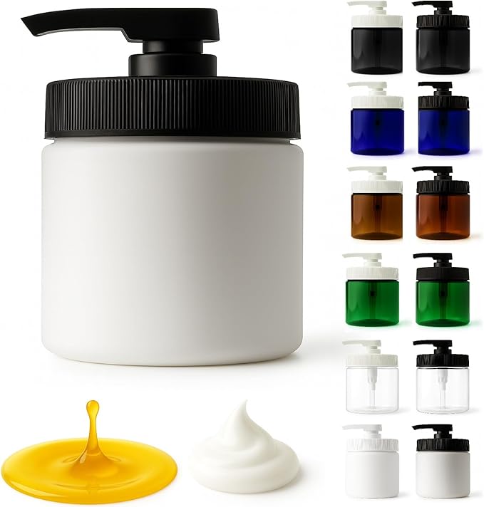 Royal Massage 16oz Refillable Pump Jar with Locking Dip Tube Dispenser – BPA-Free Plastic Container for Massage Oils, Lotions, Creams – Ribbed Lid Wide-Mouth Jar – Durable & Reusable (White/Black, 1)