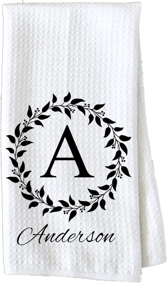 Personalized Kitchen Towel | Custom Tea Towel | Family Name Dish Towel | Kitchen Decor | Hand Towel | Housewarming Gift | Monogram Dishcloth (Wreath 1)