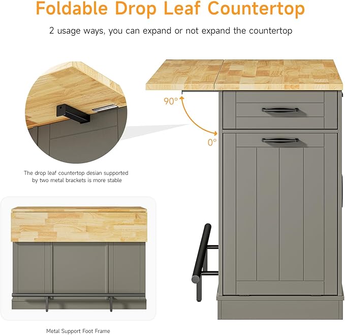 ONBRILL Stationary Kitchen Islands Include 2 Chairs, 47" Kitchen Island with Drop Leaf, Home Bar Table with Spice Rack & with Trash Cabinet, Island Table for Dining Room with Power Outlet, Grey