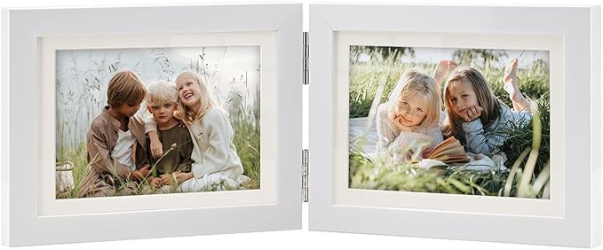 Double Hinged 5x7 Picture Frame with Tempered Glass-Tabletop or Wall Mounted, Display for 4x6 & 5x7 Photos (with/without Mat)-Matte White, For Family Photos & Wedding Memories-B75X2