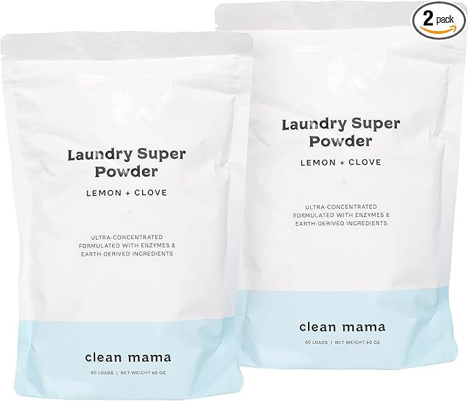 Clean Mama Laundry Super Powder Detergent - Extra Strength Laundry Detergent Powder - Natural Laundry Detergent for Sensitive Skin - Enzyme Powered, Fights Stains & Odors - Lemon + Clove, 60 Loads