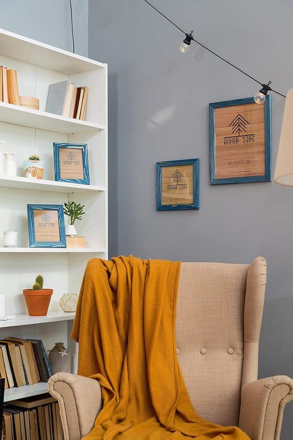 Rustic Wooden Square Picture Frames 8x8 - Set of 2 - 100% Natural Farmhouse Washed Barn Wood with Real Glass for Wall Mounting and Tabletop Photo Frame - Navy Blue