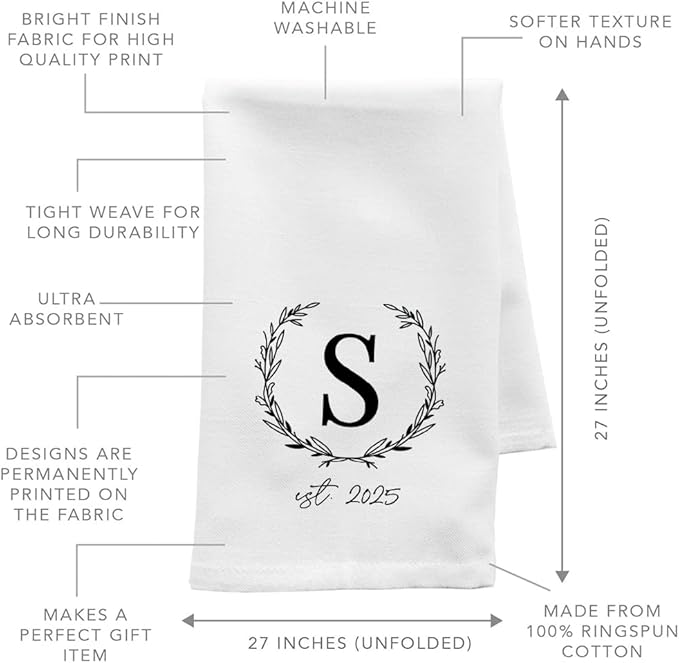 Andaz Press Personalized Kitchen Towel, Flour Sack Tea Towel, Monogram Wreath EST. Year Custom Kitchen Gifts Birthday for Mom Daughter, Wedding Gift Housewarming Gift for Couples