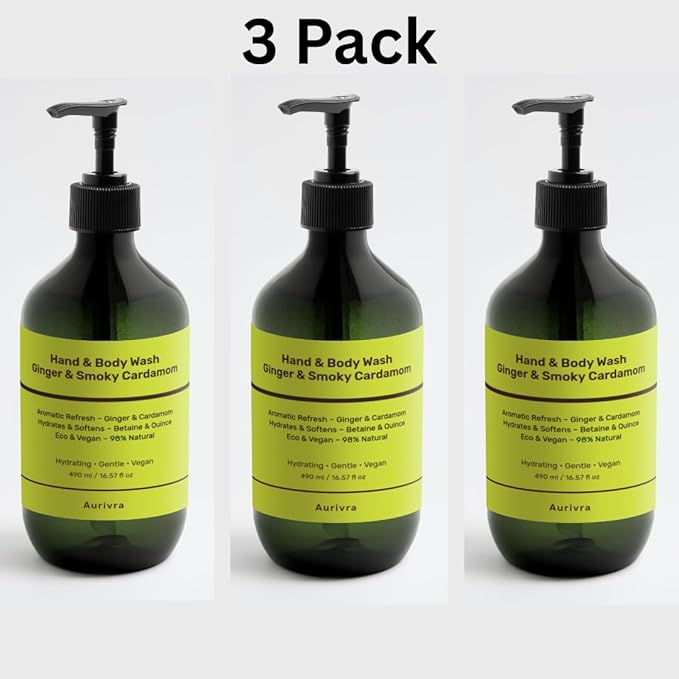 Hydrating Ginger & Smoky Cardamom Hand and Body Wash, 98% Natural, Vegan, Gentle Moisturizing Cleanser for All Skin Types, Paraben & Gluten-Free, Eco-Certified (3)