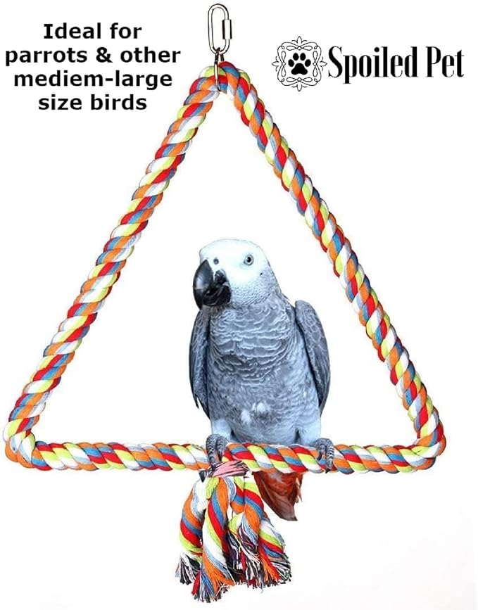 Spoiled Pet® Large Bird Rope Perch Triangle Swing Toy Multicolor 12 Inch | Natural cotton & steel rod cage accessory for Parrots Cockatoos, Safe to climb, chew, relieve boredom, with metal quick link