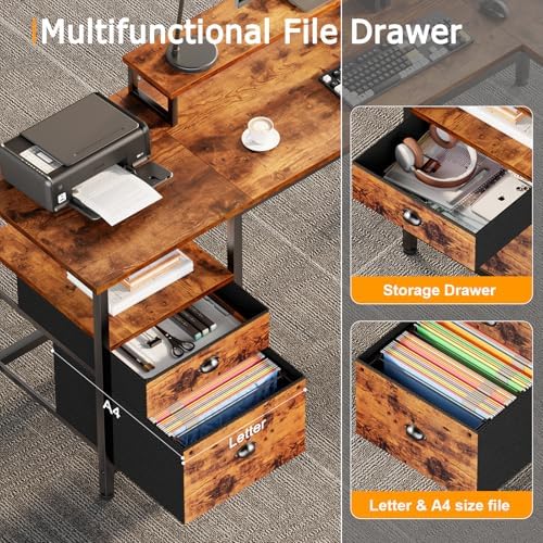 Furologee 66” L Shaped Desk with Power Outlet, Reversible Home Office Desk with File Drawer, 2 Monitor Stands, Storage Shelves, Corner Computer Table for Gaming, Writing, Rustic Brown