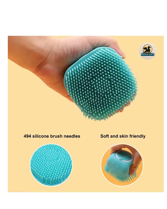 MERAXES Pet Grooming Bath Brush with Soap Dispenser – Soft Silicone Massage Bristles for Dogs & Cats, Gentle Deshedding & Deep Cleaning for Long or Short Hair – BLU