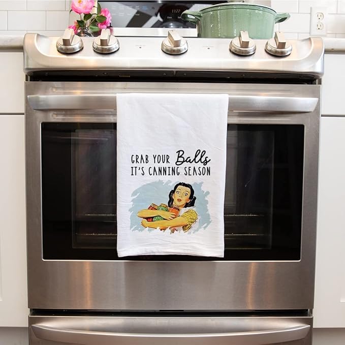 Andaz Press Funny Retro Kitchen Towel, Flour Sack Tea Towel, Grab Your Balls It's Canning Season, Funny Birthday for Mom, Daughter, Grandma, Sister, Friend, Women, Gag Gift