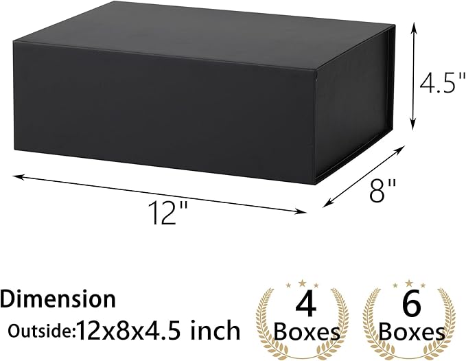 MUMUPACK 4 Pack Black Gift Boxes With Lids,12x8x4.5 Inch Bridesmaid Proposal Box And Printable Stickers,Proposal Boxes With Ribbon For Wedding, Packaging, Present, Birthday