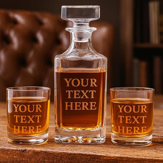 Gifts Inscribed Custom Text Whiskey Decanter & Glasses Set of 2 – Engraved Glass Cups Drinking Glasses Set of 2 – Personalized Whiskey Drinking Set – Customized Whisky Glassware Gift for Him