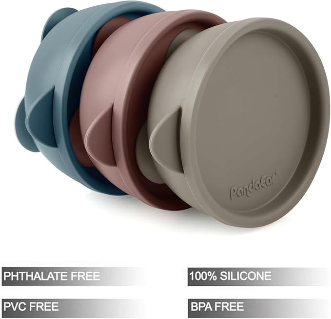 PandaEar 3 Pack Baby Bowls with Suction, Silicone Toddler Bowls with Lids, No Spill Suction Bowls for Baby Infant First Stage, Baby Food Feeding Bowl Set, Blue/Brown/Red