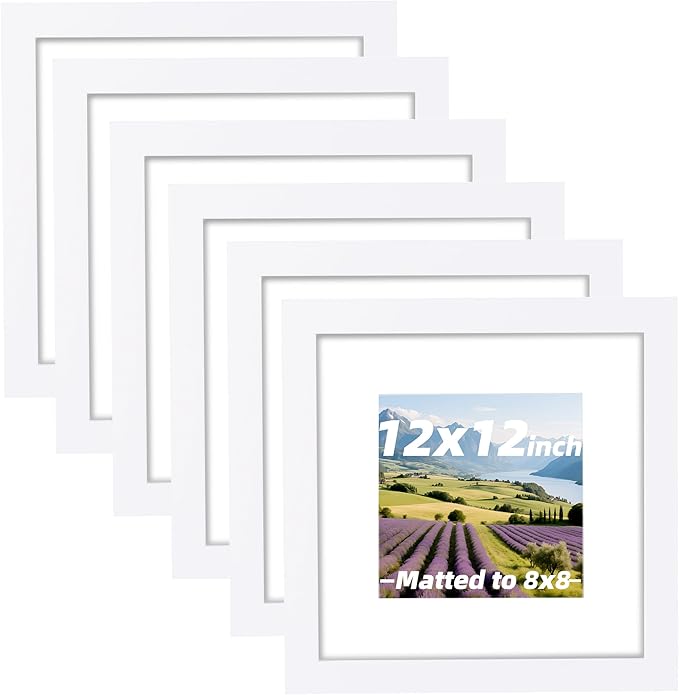 6 Pcs 12x12 White Picture Frame - Display Pictures 8x8 with Mat or 12 x 12 without Mat - White Wood Picture Frames for Wall Mounting - Wooden Photo Frame for 12 12 Matted to 8x8 Print Set of 6
