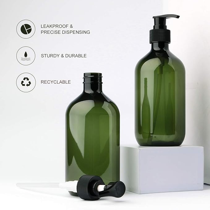 Yebeauty Pump Bottles, 17oz/500ml Liquid Soap Pump Bottles Dispenser Large Empty Plastic Refillable Containers- 2 Pack Green