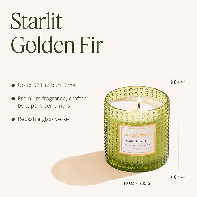 LA JOLIE MUSE Christmas Candle, Starlit Golden Fir Candle - Cedarwood, Patchouli, Fir Balsam | 10 oz Natural Soy Wax | 55 Hours Clean Burn |Winter Holiday Gift | Gift-Ready for Hosts & Gatherings