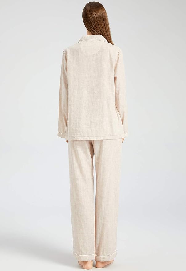 Womens Pajama Sets 100% Double Gauze Cotton Linen Like Muslin Pajamas Long Sleeve Button Down Sleepwear Soft Pjs Lounge Set