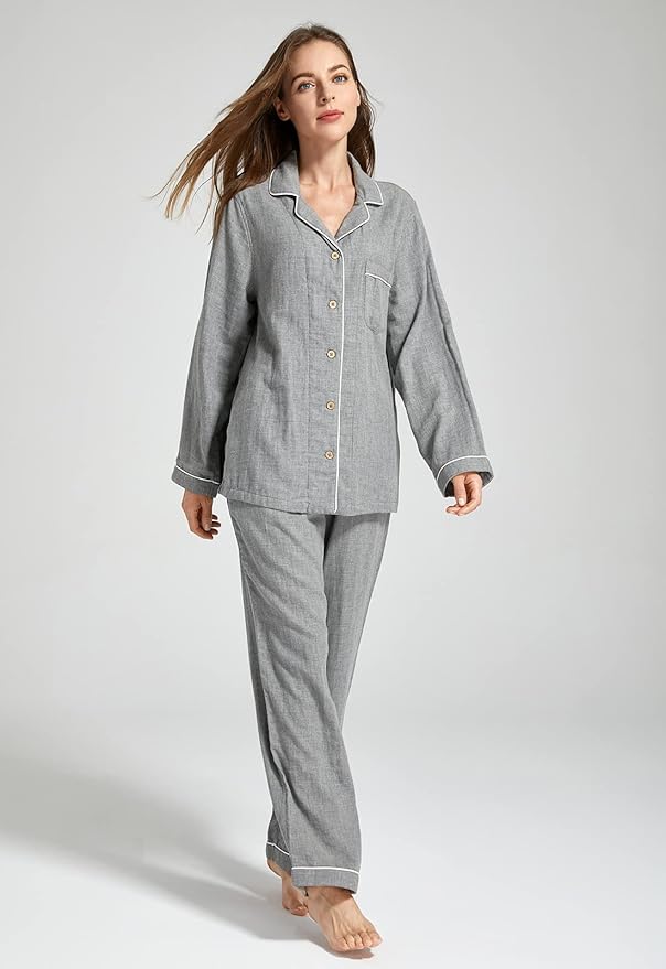 Womens Pajama Sets 100% Double Gauze Cotton Linen Like Muslin Pajamas Long Sleeve Button Down Sleepwear Soft Pjs Lounge Set