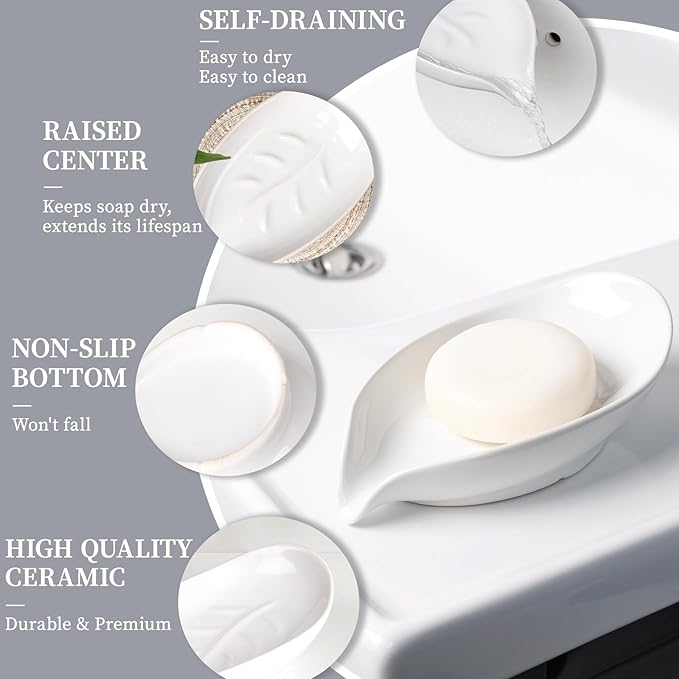 Soap Holder, Self-Draining Soap Dish, White Leaf Shape Ceramic Bar Soap Holder Drain Soap Dishes for Bathroom Sink Kitchen, Easy to Clean Keeps Soap Dry, ANTIS'S HOME