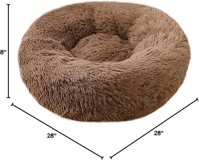 Plush Calming Donut Dog Bed for Small to Medium Dogs, 28 Inch Round Pet Bed | Soft Faux Fur Puppy Bed with Raised Rim for Curling and Head Support; Washable Round Pet Bed for Small to Medium Dogs or Cats