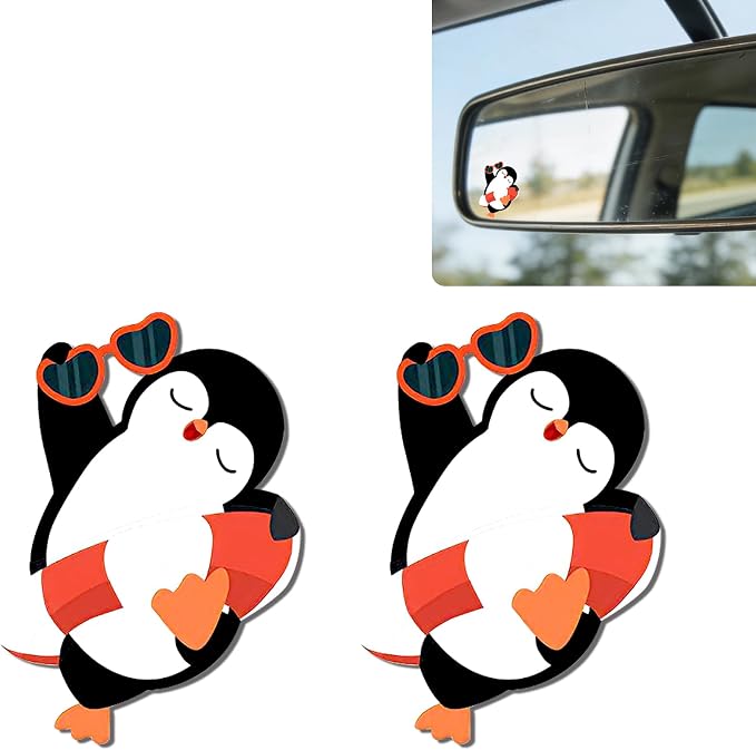 2Pack Penguin Car Vinyl Sticker and Decal for Rear View Mirror Window | Cute Penguin Mirror Sticker Waterproof,Car Accessories Decor,Penguin Gifts for Women Men,Laptop Bathroom Mirror