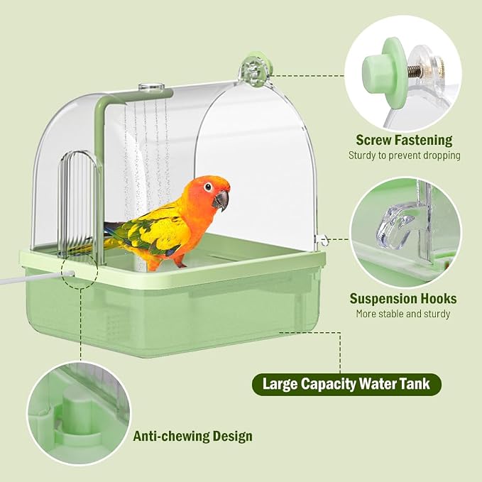Automatic Bird Bath for Cage, Parakeet Bath with Pump | Indoor Bird Shower with Running Water, Filter, Bird Cage Accessory for Pet Birds Conure Budgies Cockatiels Lovebird