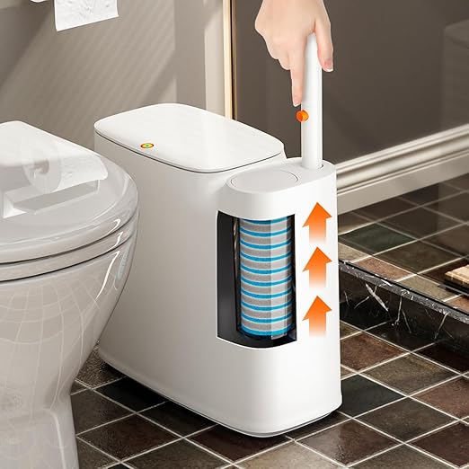 CTIME Bathroom Trash Can Set - Narrow White Plastic Small Trash can, a Toilet Wand, Toilet Brush Holder and 36 Refills, 2 Gallon Trash can with pop-up lid, Suitable for bathrooms and Small Toilets.