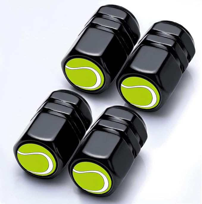 4Pack Tennis Tire Valve Caps Aluminum Leak-Proof Valve Stem Covers | Sports Car Accessories Decoration Tire Air Cap for Cars SUV Bike Motorcycle, Tennis Theme Gifts for Women Mom Sister