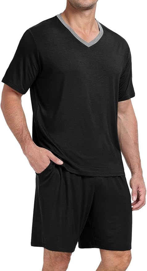 PrinStory Men's Pajama Set Sleepwear Pjs Lightweight Quick Dry Short Sleeve V-Neck Shirts and Shorts Soft Comfy Sleep Sets