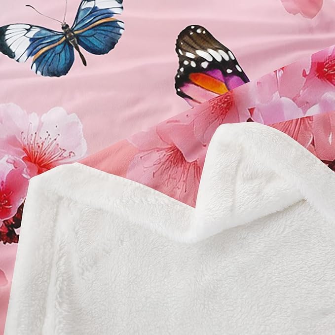 Feelyou Girls Butterfly Fleece Throw Blanket Twin 60"x80" Kids Cherry Blossom Sherpa Blanket Plush Fuzzy for Bed Couch Chair Living Room, Chic Gorgeous Bed Blanket Room Decor