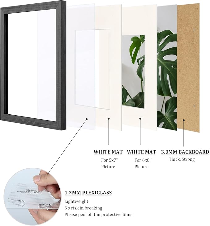 Egofine 8x12 Picture Frames Set of 4, Made of Solid Wood Covered by Plexiglass 5x7 and 6x8 with Mat or 8x12 without Mat, for Table Top Display and Wall Mounting Photo Frame Rustic Black