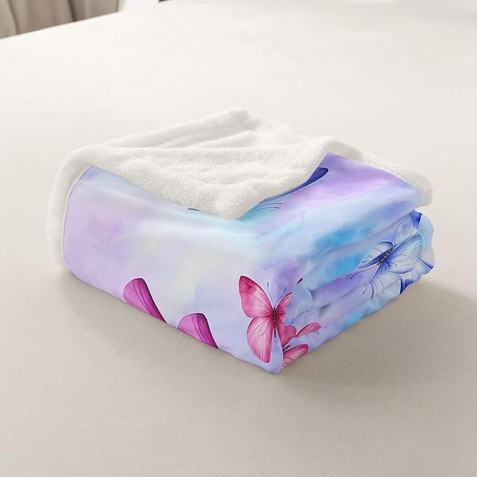 Feelyou Girls Butterfly Fleece Throw Blanket 40"x50" Kids Tie Dye Watercolor Sherpa Blanket Plush Fuzzy for Bed Couch Chair Living Room, Dreamy Girly Bed Blanket Purple Blue Room Decor