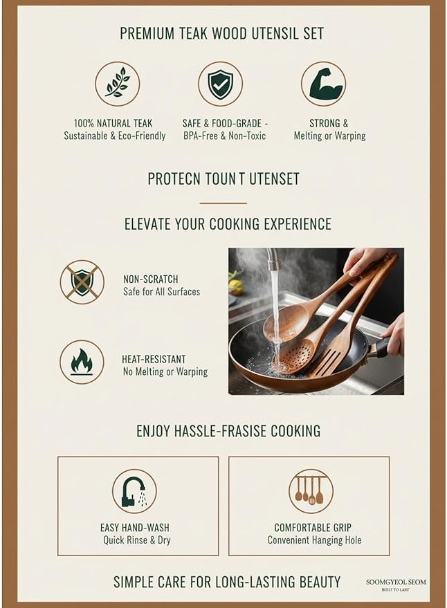 100% Natural Teak Wood Wooden Utensil Set – 8 Pcs Durable Kitchen Spoons for Cooking – Non-Stick & Heat Resistant, Eco-Friendly & Comfortable Grip