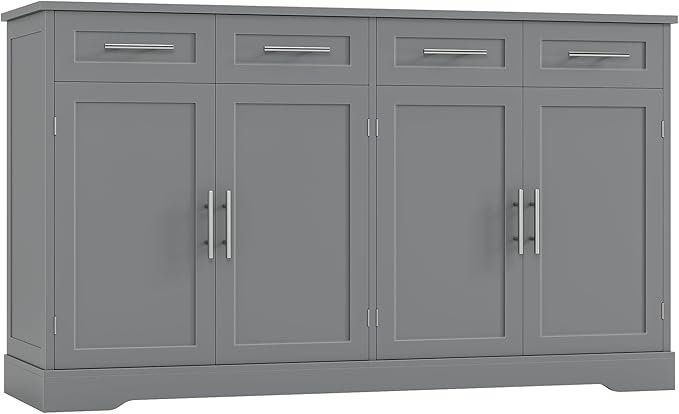 HOSTACK 60" Large Buffet Sideboard with Storage, 36" Tall Kitchen Buffet Storage Cabinet with 4 Drawers, Modern Coffee Bar Cabinet with Gold Handles, Long Sideboard Buffet Table for Kichen, Grey
