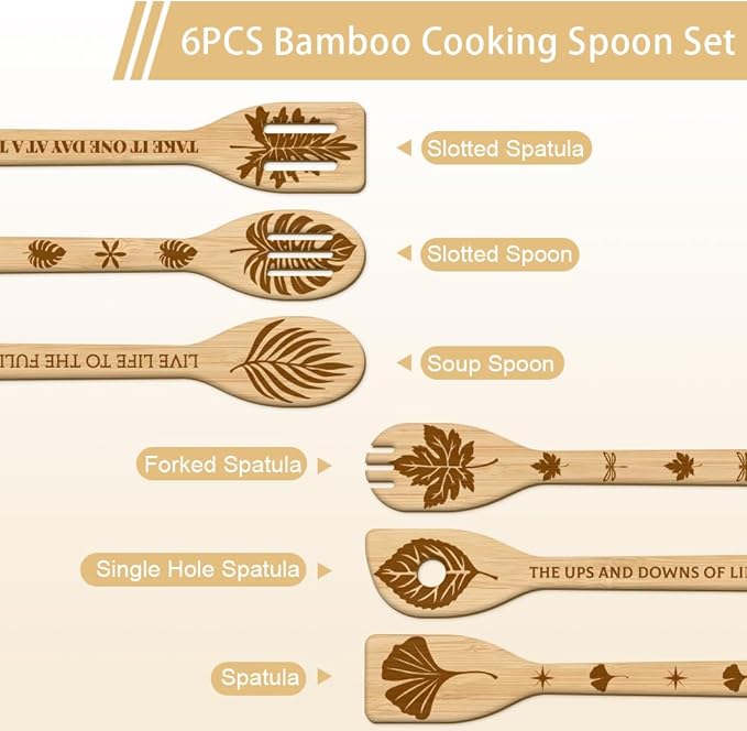 GLOBLELAND 6Pcs Leaves Bamboo Cooking Utensils Wooden Monstera Ginkgo Maple Engraved Cooking Spoons Spatula for Women and Men Wood Cooking Spoon for Kitchen House Warming Gift