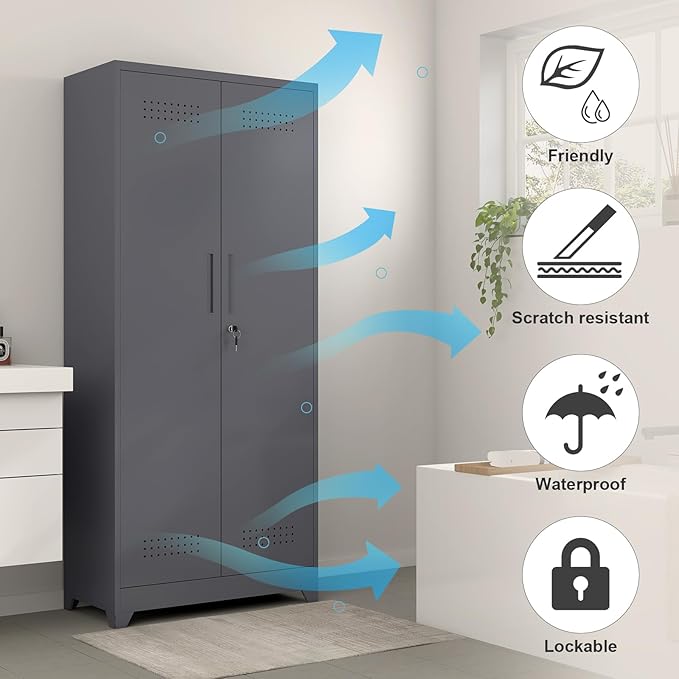 GREATMEET 72.8" H Tall Metal Garage Storage Cabinet for Cleaning Tools, Lockable Double Door Utility Organizer with Pegboard & Tool Hanging Bars, Grey