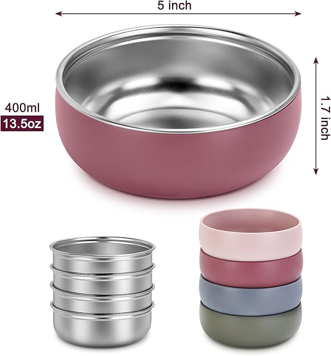 ShineMe 4 pack Toddler Bowls, 5 Inches Wide Stainless Steel Bowls for Kids with Removable Colorful Silicone Sleeve, Unbreakable Baby Bowls for Candy, Soup, Salad, Yogurt, Ice Cream, Snacks...
