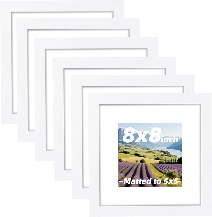 6 Pcs 8x8 White Picture Frame - Display Pictures 5x5 with Mat or 8 x 8 without Mat - White Wood Picture Frames for Wall Mounting - Wooden Photo Frame for 8 8 Matted to 5x5 Print Set of 6