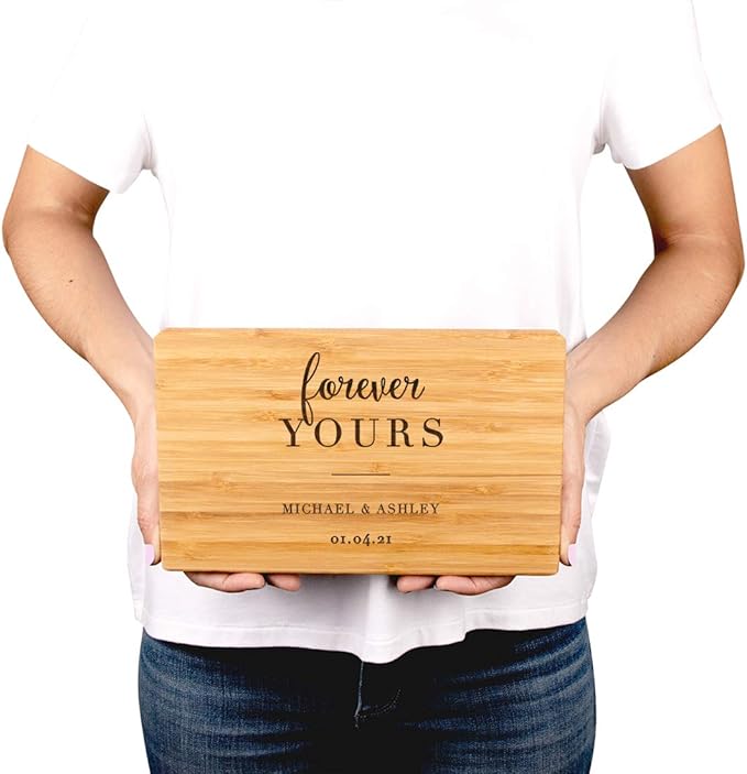 Andaz Press Personalized Laser Engraved Small Bamboo Wood Cutting Board, 9.5 x 6-inch, Forever Yours Bride Groom Names Date, Custom