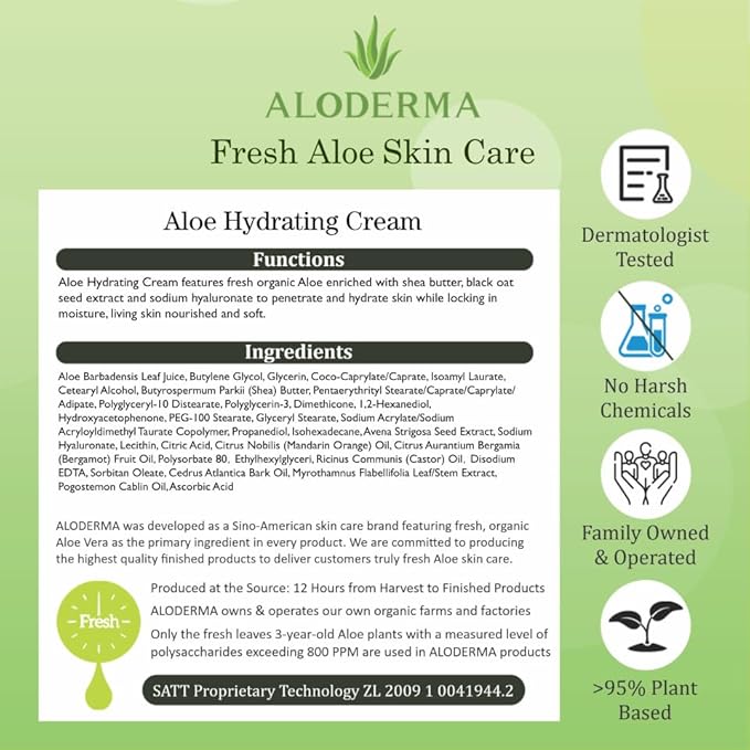 Aloderma Hydrating Face Cream for Dry Skin Made with 65% Organic Aloe Vera - Natural Hydration with Hyaluronic Acid & Arginine - Nourishing Aloe Vera Face Cream - Moisturizing Dry Skin Cream, 1.7oz