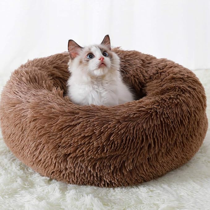 Plush Calming Donut Dog Bed for Small to Medium Dogs, 28 Inch Round Pet Bed | Soft Faux Fur Puppy Bed with Raised Rim for Curling and Head Support; Washable Round Pet Bed for Small to Medium Dogs or Cats