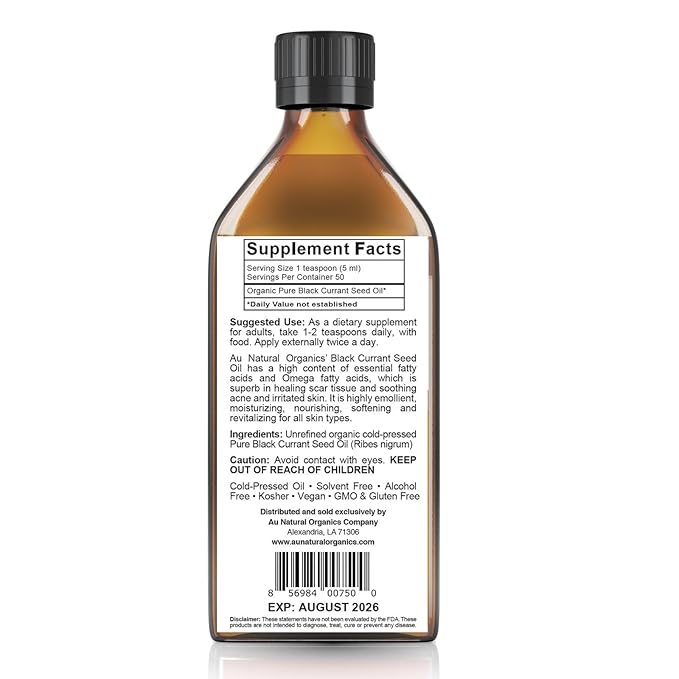 Au Natural Organics Black Currant Seed Oil for Eczema – 100% Pure Organic Cold Pressed Liquid GLA for Skin | Support Immune Health, Blood Flow, Tissue Repair | Edible & Hexane Free | 250ml