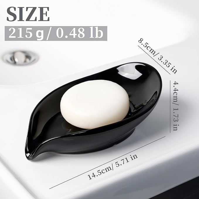 Soap Dish, Self Draining Soap Holder, Leaf Shape Ceramic Bar Soap Holder Drain Soap Dishes for Bathroom Sink Kitchen, Easy to Clean, Keeps Soap Dry, Black, ANTIS'S HOME