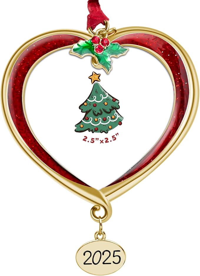 Christmas Tree Ornament Picture Frame Metal Hanging Pendant Holiday 2.5" Photo Frame Charm Decorative of Pets, Baby First Christmas, Family (2025 Red & Golden)