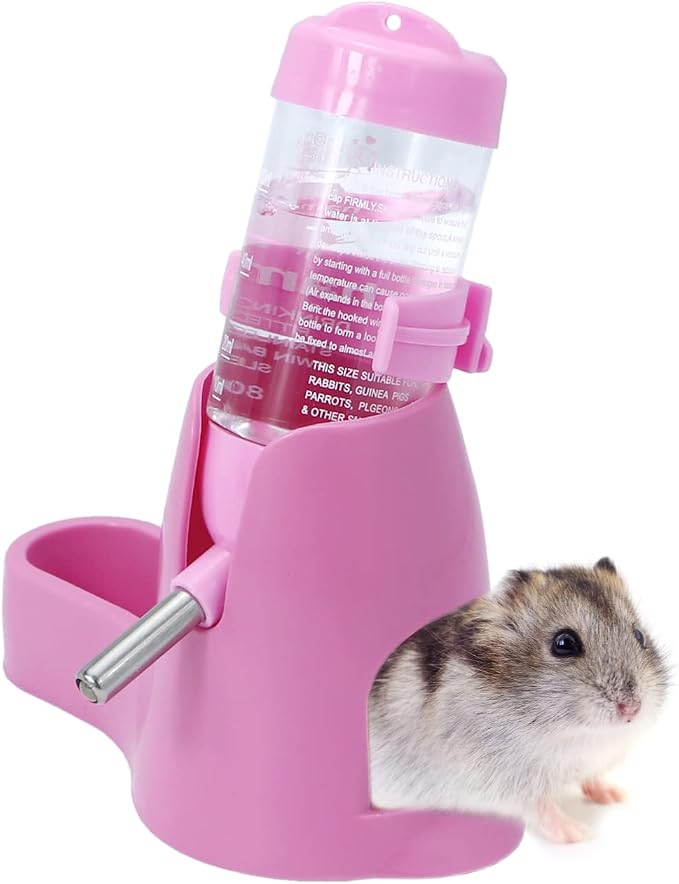 Wontee 3 in 1 Hamster Water Bottle with Food Bowl Hideout Base, 80ML, Pink | Water dispenser, food container, hideout, stable base, easy to refill, for glass tank/cage, dwarf hamster/mouse/gerbil, 2.7oz